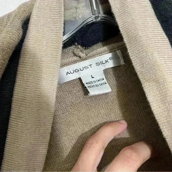 AUGUST SILK Open Front Striped Tan Cardigan | size Large - Picture 2 of 8